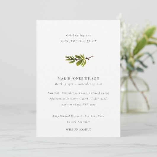 Simple Pine Branch Foliage Memorial Service Card Bedankkaart (Staand voorkant)