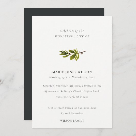 Simple Pine Branch Foliage Memorial Service Card Bedankkaart (Voorkant / Achterkant)