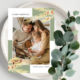 Simple Pine Branches Gold &  Green Photo Christmas Feestdagenkaart