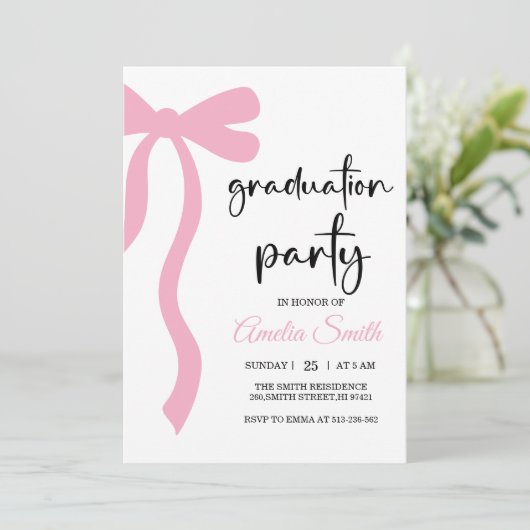 Simple Pink Bow graduation party invitation Kaart (Staand voorkant)