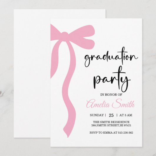 Simple  Pink  Bow graduation party invitation Kaart (Voorkant / Achterkant)