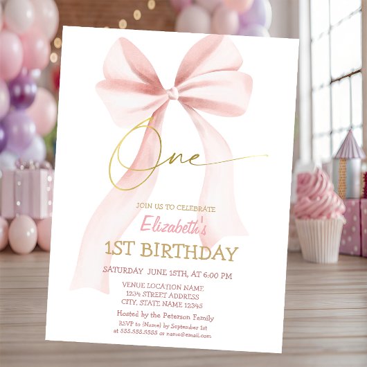 Simple Pink Bow Pink Striped 1st Birthday  Kaart