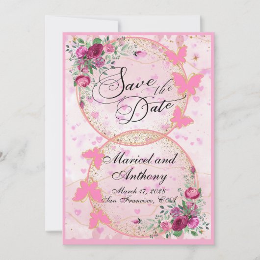 Simple Pink Butterflies theme Save the Date (Voorkant)