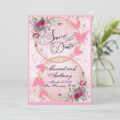 Simple Pink Butterflies theme Save the Date (Staand voorkant)