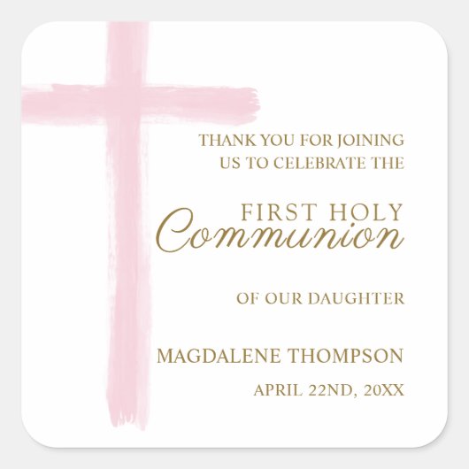 Simple Pink Cross First Holy Communion Thank You Vierkante Sticker (Voorkant)