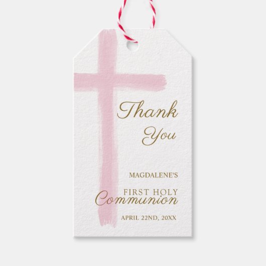 Simple Pink Cross Thank You First Holy Communion Cadeaulabel (Voorkant)