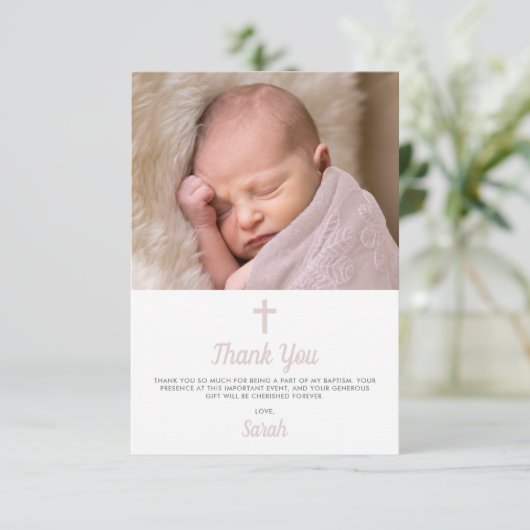 Simple Pink Girl Baptism Christening Photo Bedankkaart (Staand voorkant)