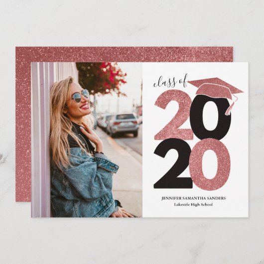 Simple Pink Glitter Girly Pet Foto Afstuderen Aankondiging (Voorkant / Achterkant)