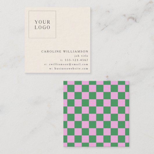 Simple Pink Green Checkerboard Your Logo Custom Vierkante Visitekaartje (Voorkant / Achterkant)