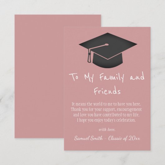 Simple Pink Handwriting Cap Tassel Graduation   Bedankkaart (Voorkant / Achterkant)
