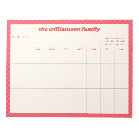 Simple Pink Red Checkered Family Planner Calendar Notitieblok (Voorkant)