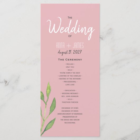 Simple Pink Wedding Program Programmakaart (Voorkant)