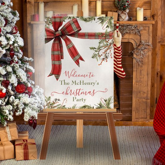 Simple Plaid Red Bow Christmas Holiday Welcome Poster