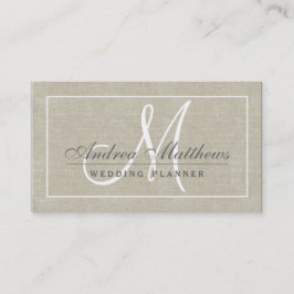 Simple Plain Chic Beige Linen Texture Monogram Visitekaartje