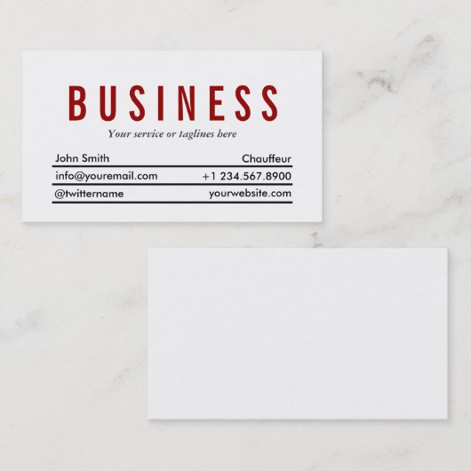 Simple Plain Red Title Chauffeur Visitekaartje (Voorkant / Achterkant)