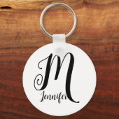 Simple Plain White Black Script Monogram Name Sleutelhanger (Voorkant)