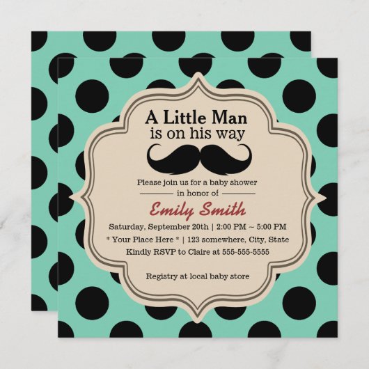 Simple Polka Dots Mustache Little Man Baby shower Kaart (Voorkant / Achterkant)