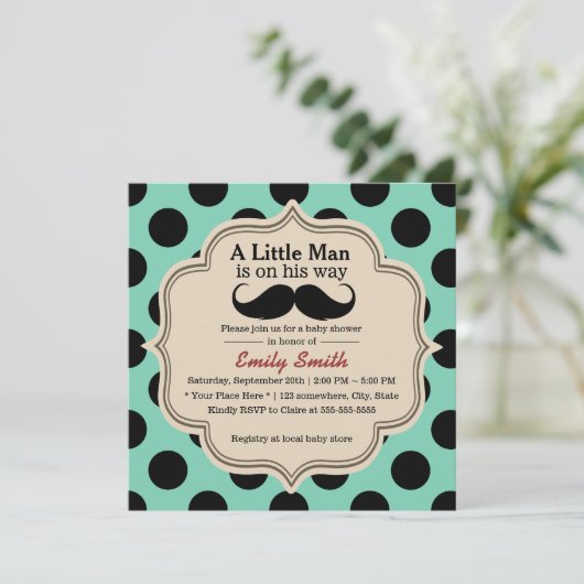 Simple Polka Dots Mustache Little Man Baby shower Kaart (Staand voorkant)