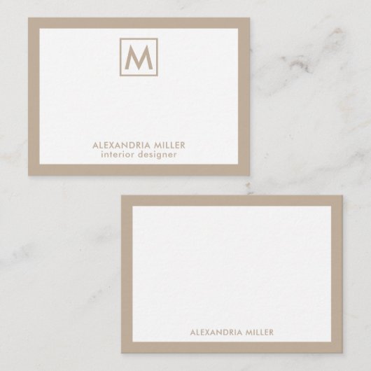 Simple Professional Beige White Monogram Notitiekaartje (Voorkant / Achterkant)