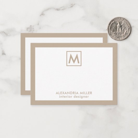 Simple Professional Beige White Monogram Notitiekaartje (Voorkant / Achterkant in situ)