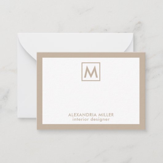 Simple Professional Beige White Monogram Notitiekaartje (Voorkant)