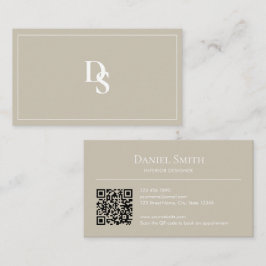 Simple Professional Beige with Initials QR Code Visitekaartje