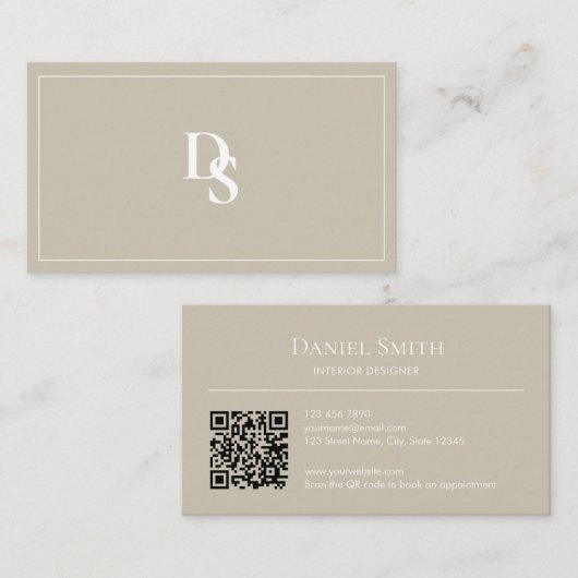 Simple Professional Beige with Initials QR Code Visitekaartje (Voorkant / Achterkant)