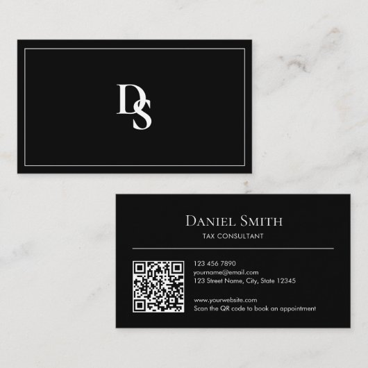 Simple Professional Black White Initials QR Code Visitekaartje (Voorkant / Achterkant)