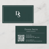 Simple Professional Dark Green Initials QR Code Visitekaartje (Voorkant / Achterkant)
