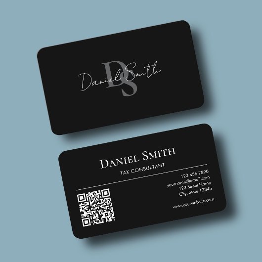 Simple Professional Monogram Initial QR code Black Visitekaartje