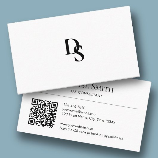 Simple Professional White with Initials QR Code Visitekaartje