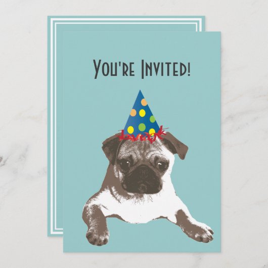 Simple Pug in Pet Birthday Party Invitation Kaart (Voorkant / Achterkant)