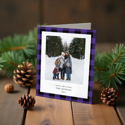 Simple Purple Black Plaid Border 3 Photo Christmas Feestdagen Kaart