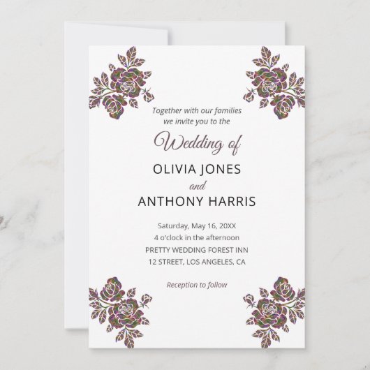 Simple Purple Roses Elegant Modern Floral Wedding  Kaart (Voorkant)
