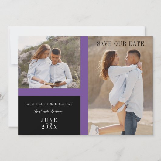 Simple Purple Two Photos Engaged Couple Session Save The Date (Voorkant)