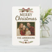 Simple Red Bow Greenery Photo Christmas Card Feestdagenkaart (Staand voorkant)