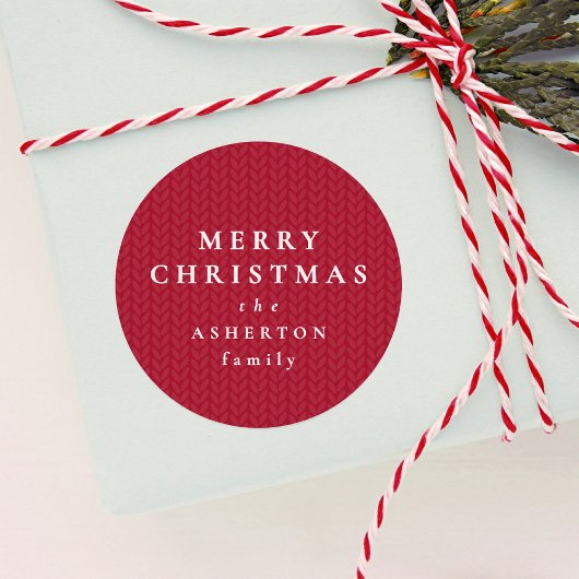 Simple red Merry Christmas knit pattern gift Ronde Sticker