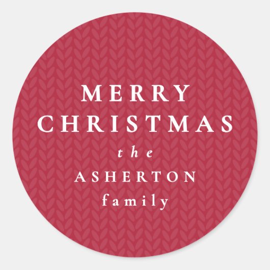 Simple red Merry Christmas knit pattern gift Ronde Sticker (Voorkant)