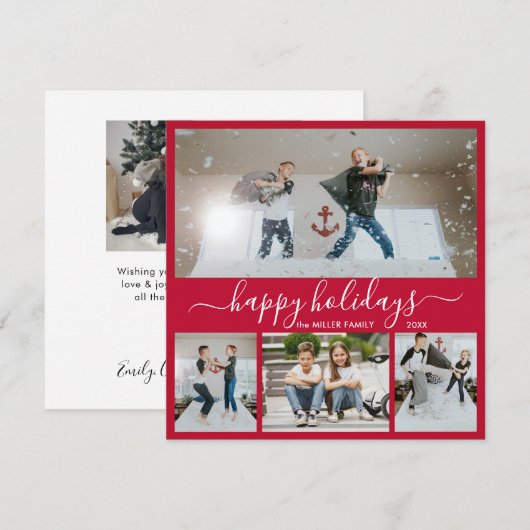 Simple Red White 4 Photo Collage Happy Feestdagenkaart (Voorkant / Achterkant)