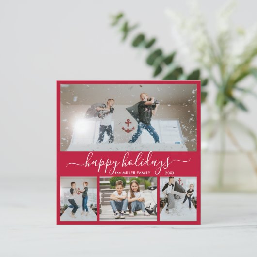 Simple Red White 4 Photo Collage Happy Feestdagenkaart (Staand voorkant)