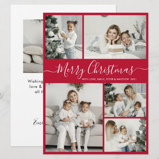 Simple Red White 5 Photo Collage Kerstmis Feestdagenkaart (Voorkant / Achterkant)