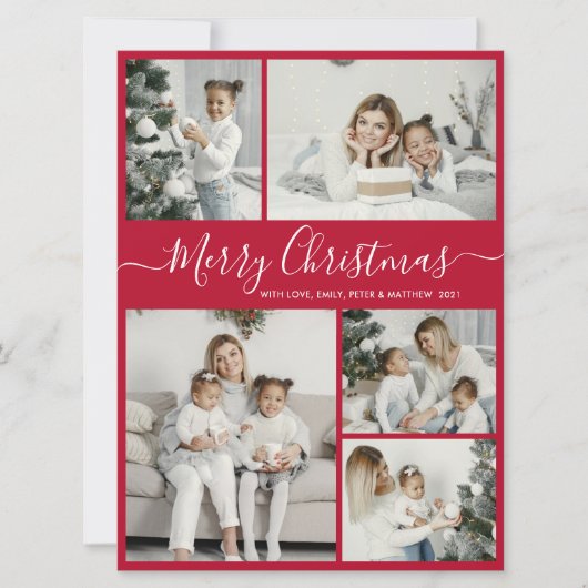 Simple Red White 5 Photo Collage Kerstmis Feestdagenkaart (Voorkant)