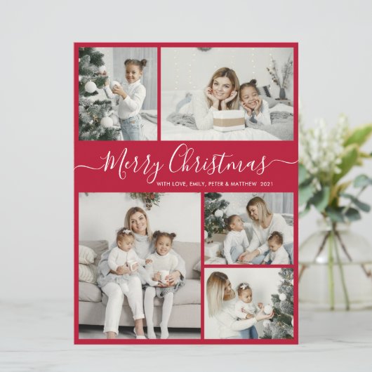 Simple Red White 5 Photo Collage Kerstmis Feestdagenkaart (Staand voorkant)