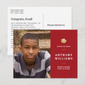 Simple Red & White Modern Photo Afstuderen Briefkaart (Voorkant / Achterkant)