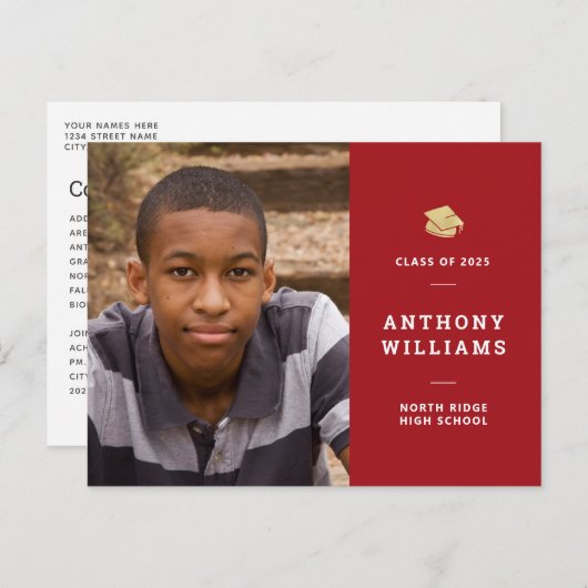 Simple Red & White Modern Photo Afstuderen Briefkaart (Voorkant / Achterkant)
