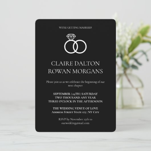 Simple Rings Black Wedding Invitation Kaart (Staand voorkant)