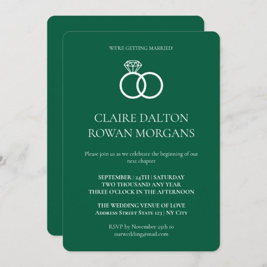 Simple Rings Green Wedding Invitation Kaart (Voorkant / Achterkant)