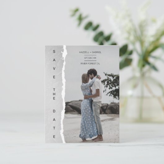Simple Ripped Paper Effect Wedding Custom Photo Briefkaart (Staand voorkant)