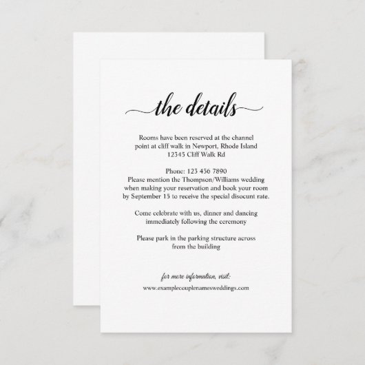 Simple Romance Calligraphy Wedding Details Card Informatiekaartje (Voorkant / Achterkant)