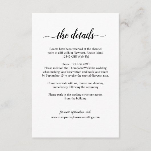 Simple Romance Calligraphy Wedding Details Card Informatiekaartje (Voorkant)